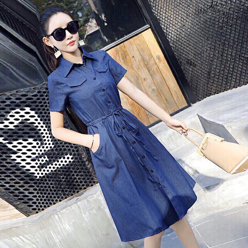 ĐẦM JEAN XOÈ CỔ SƠ MI EO RÚT DÂY - NJ2811
